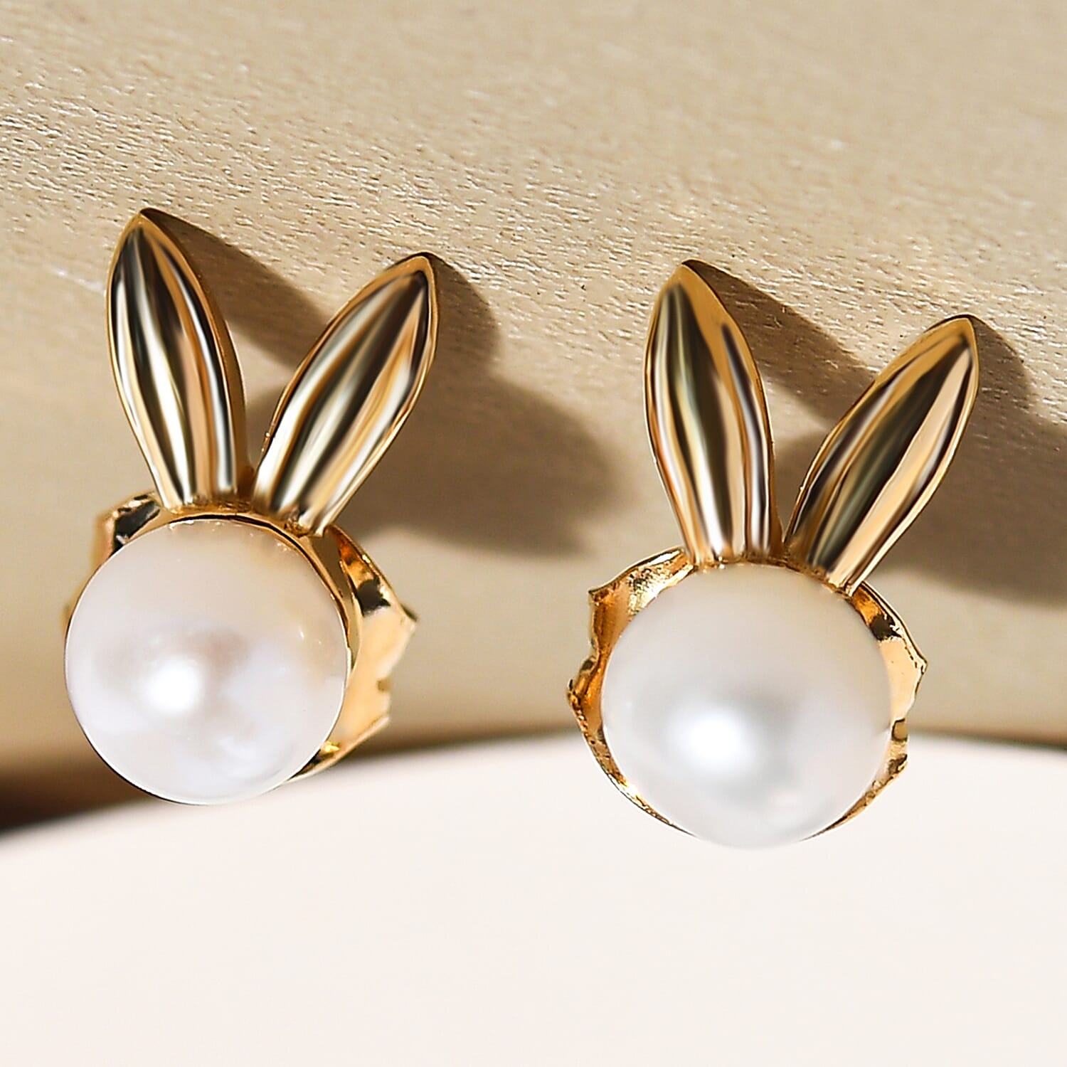 Freshwater Pearl Bunny Stud Earrings (with Push Back) in 14K Gold Overlay Sterling Silver