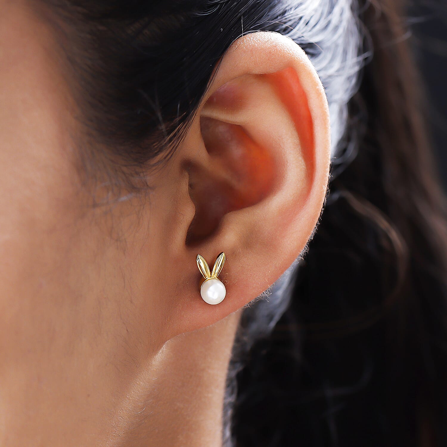 Freshwater Pearl Bunny Stud Earrings (with Push Back) in 14K Gold Overlay Sterling Silver