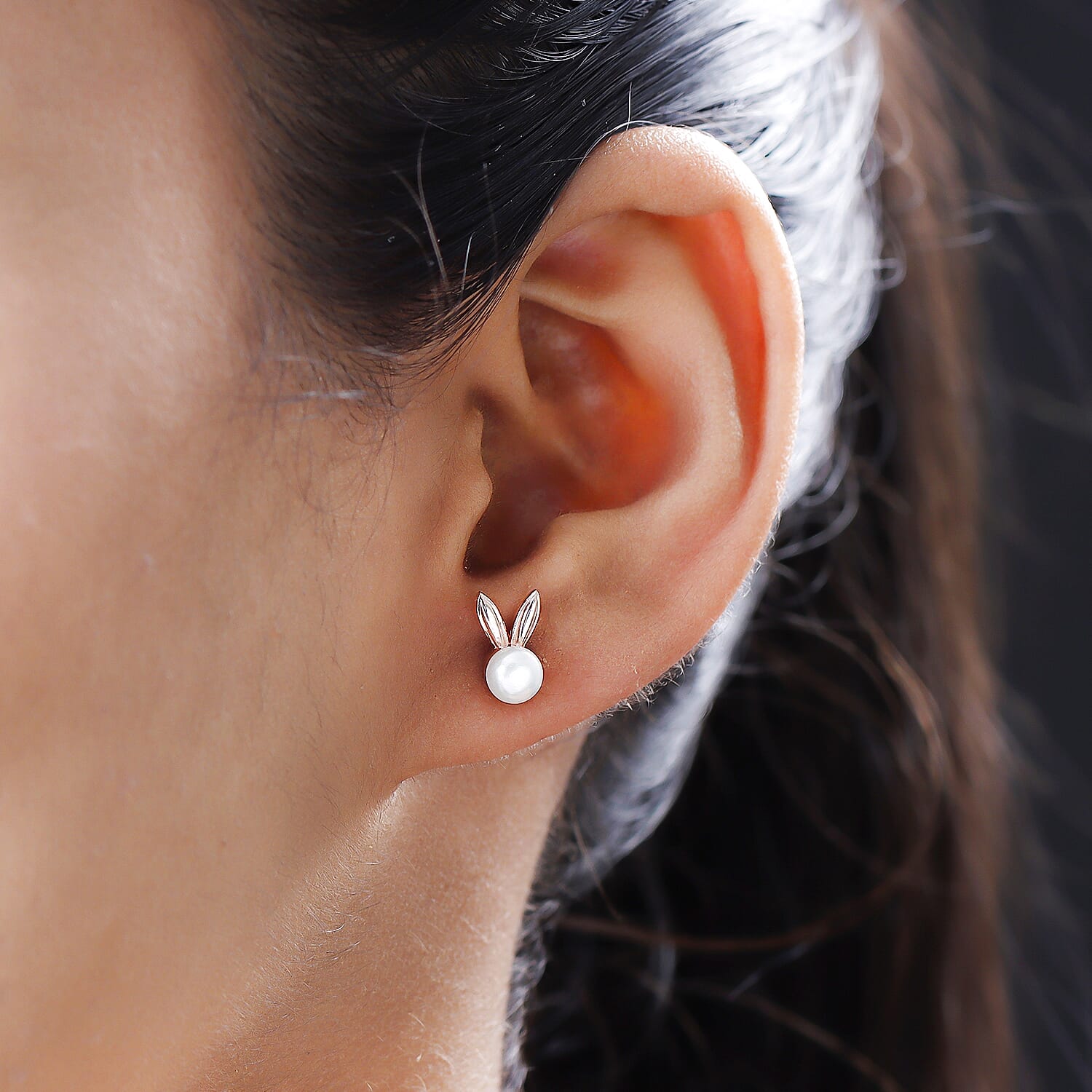 Freshwater Pearl Bunny Stud Earrings (with Push Back) in Rose Gold Overlay Sterling Silver