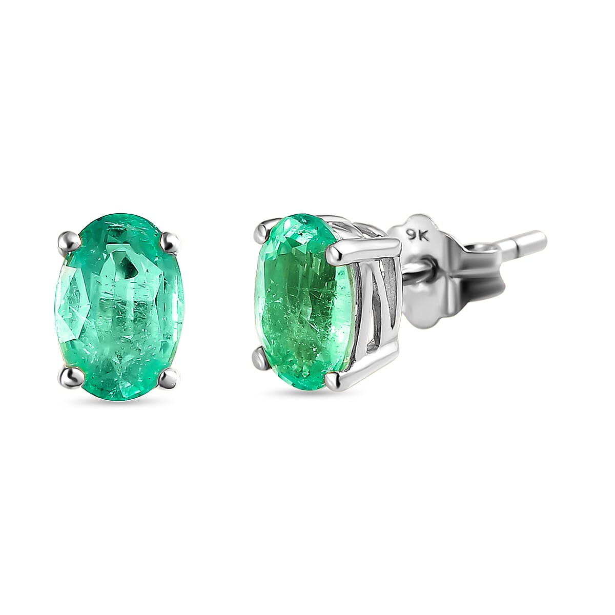 9K White Gold AA Boyaca Colombian Emerald (Ovl) Stud Earrings (with Push Back)