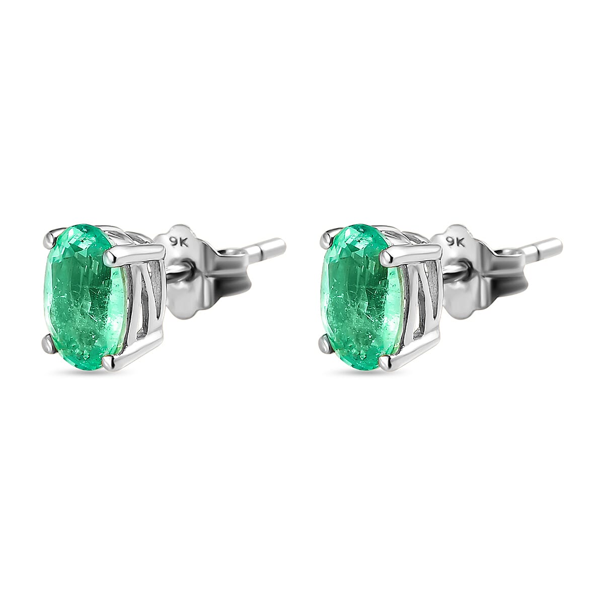 9K White Gold AA Boyaca Colombian Emerald (Ovl) Stud Earrings (with Push Back)