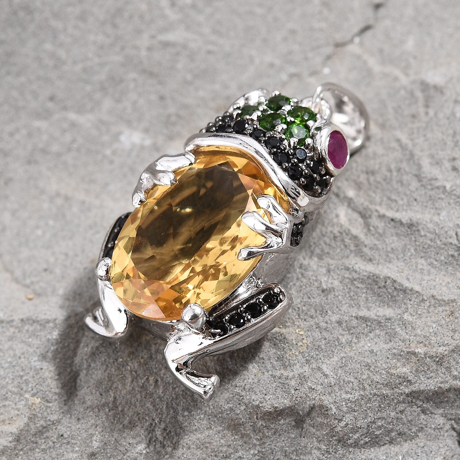 GP Citrine (Ovl 14x10 mm), Multi Gemstone Frog Pendant in Platinum Overlay Sterling Silver 6.00 Ct, Silver wt 6.16 Gms.