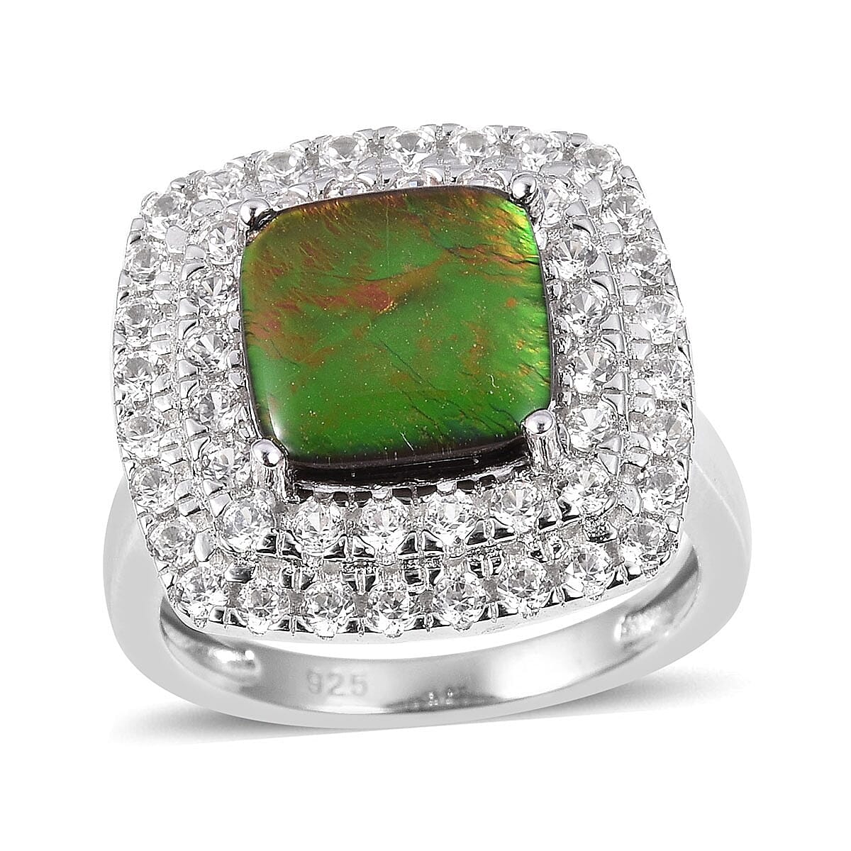 AA Canadian Ammolite (Cush 2.75 Ct), Natural White Cambodian Zircon Ring in Rhodium Overlay Sterling Silver 4.500 Ct, Silver wt 5.27 Gms.