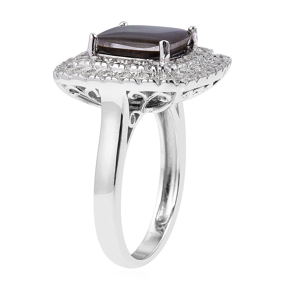 AA Canadian Ammolite (Cush 2.75 Ct), Natural White Cambodian Zircon Ring in Rhodium Overlay Sterling Silver 4.500 Ct, Silver wt 5.27 Gms.