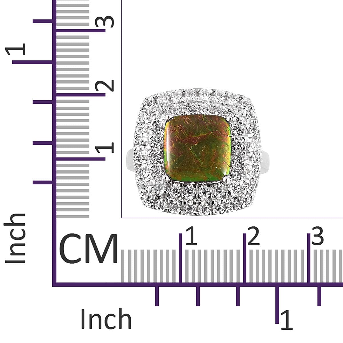 AA Canadian Ammolite (Cush 2.75 Ct), Natural White Cambodian Zircon Ring in Rhodium Overlay Sterling Silver 4.500 Ct, Silver wt 5.27 Gms.