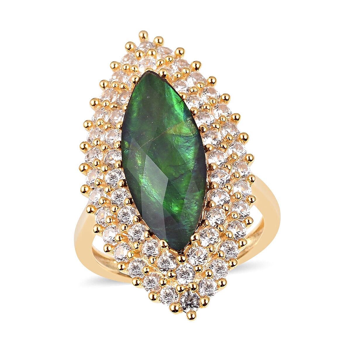 AA Canadian Ammolite (Mrq 4.00 Ct), Natural White Cambodian Zircon Ring in Yellow Gold Overlay Sterling Silver, Silver wt 5.90 Gms.