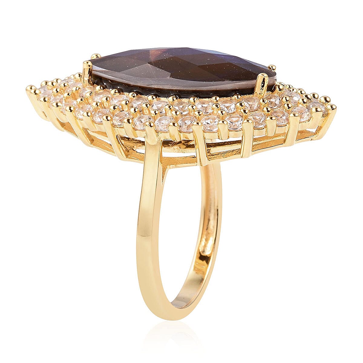 AA Canadian Ammolite (Mrq 4.00 Ct), Natural White Cambodian Zircon Ring in Yellow Gold Overlay Sterling Silver, Silver wt 5.90 Gms.