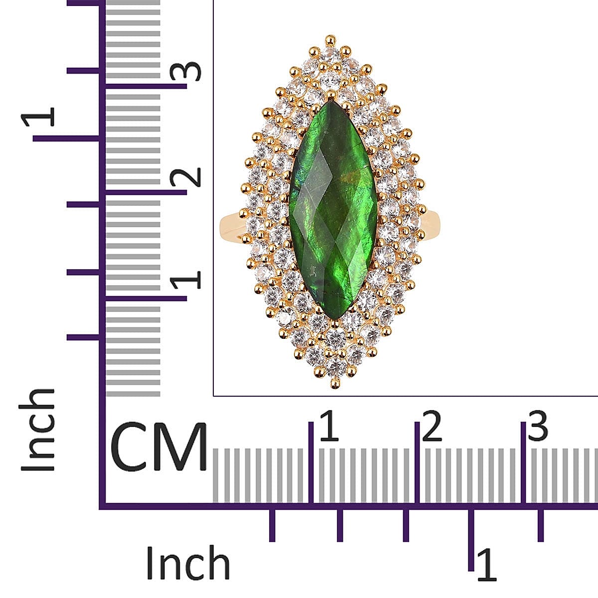 AA Canadian Ammolite (Mrq 4.00 Ct), Natural White Cambodian Zircon Ring in Yellow Gold Overlay Sterling Silver, Silver wt 5.90 Gms.
