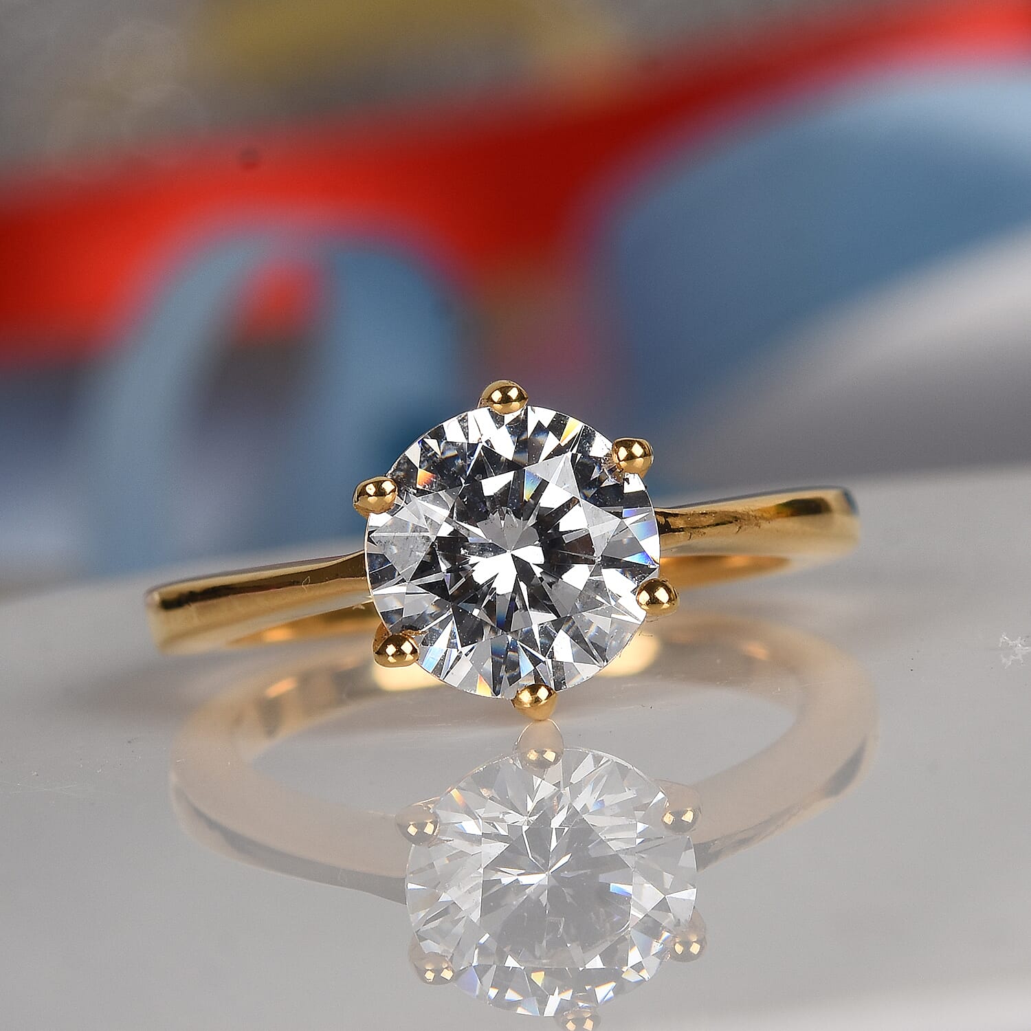 Lustro Stella - 14K Gold Overlay Sterling Silver (Rnd 8 mm) Solitaire Ring Made with Finest CZ 3.38 Ct.