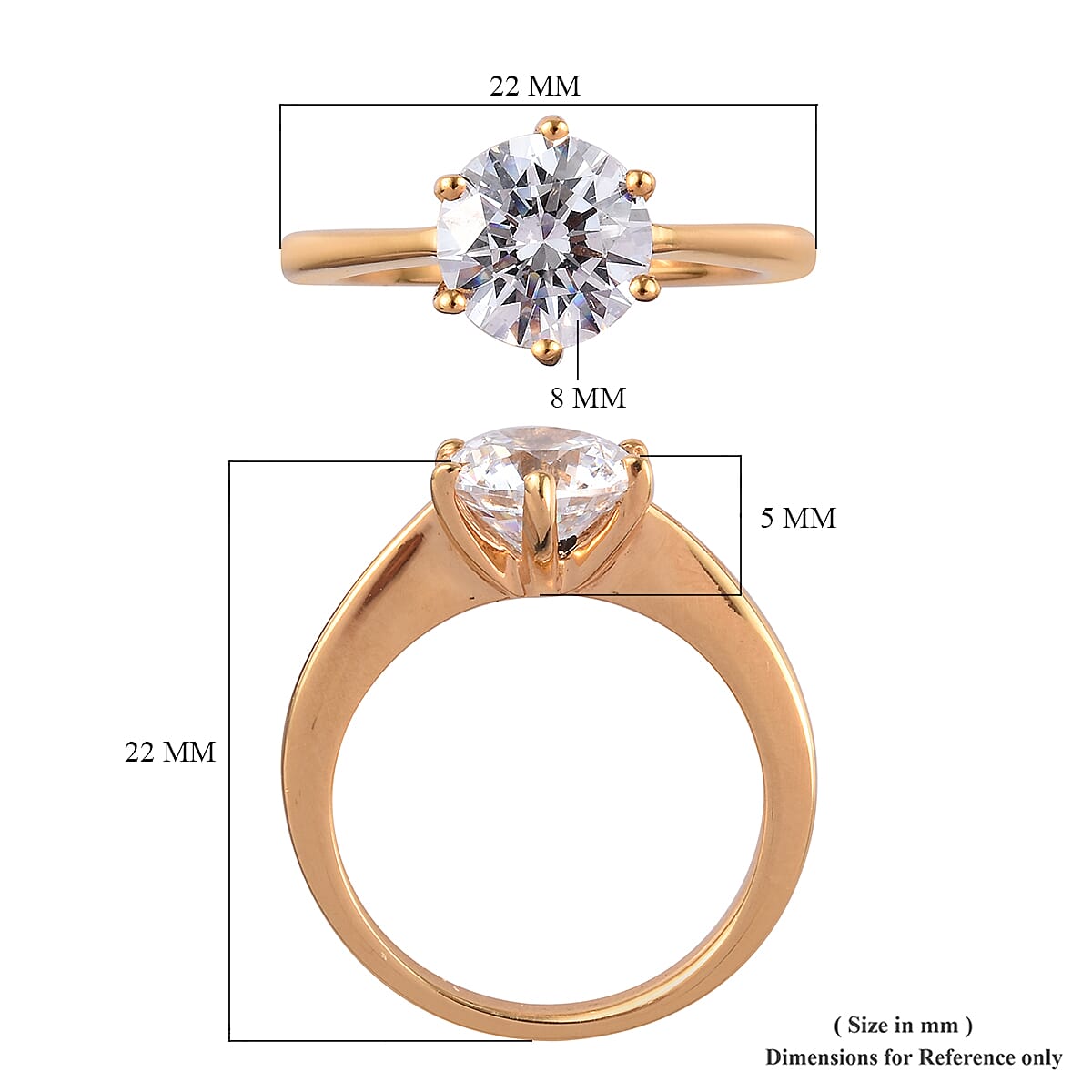 Lustro Stella - 14K Gold Overlay Sterling Silver (Rnd 8 mm) Solitaire Ring Made with Finest CZ 3.38 Ct.