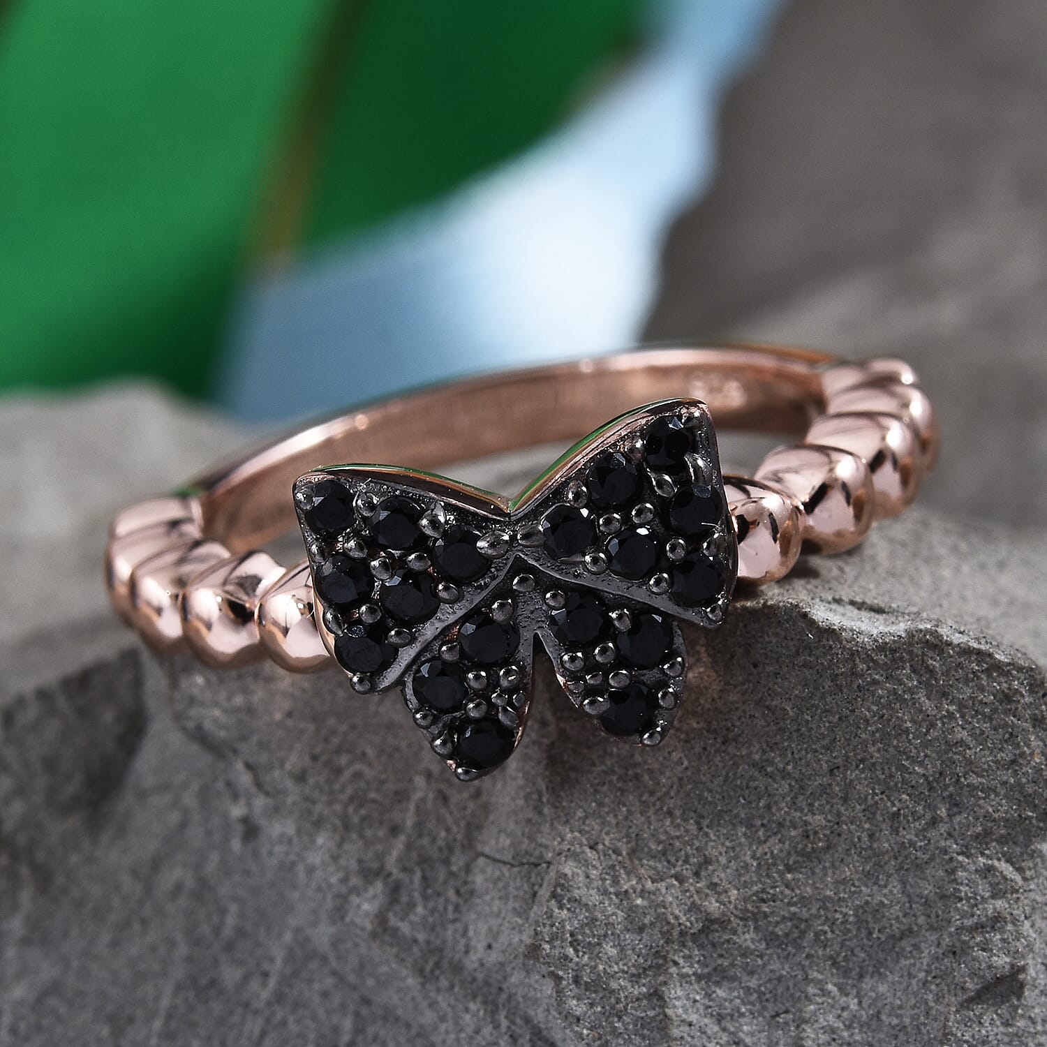 Boi Ploi Black Spinel (Rnd) Butterfly Ring in Rose Gold Overlay Sterling Silver 0.500  Ct.