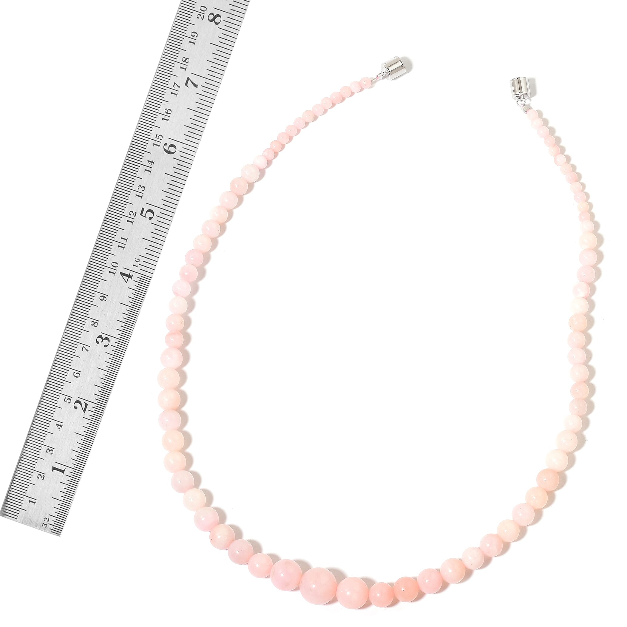 Peruvian Pink Opal (Rnd 4-10 mm) Graduated Necklace (Size 20) in Rhodium Sterling Silver 132.050 Ct.