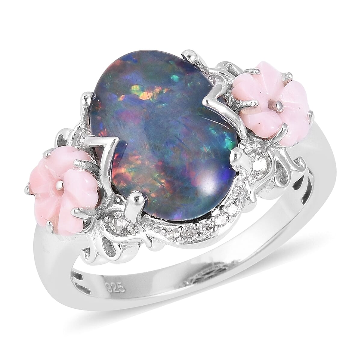 Jardin Collection Australian Boulder Opal (Ovl 14x10 mm), Pink Mother of Pearl and Natural White Cambodian Zircon Ring in Rhodium Overlay Sterling Silver