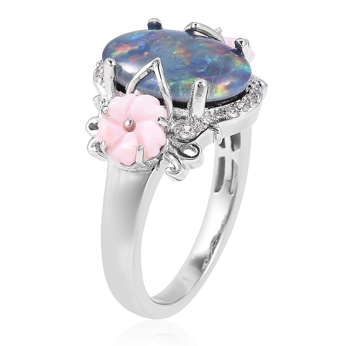 Jardin Collection Australian Boulder Opal (Ovl 14x10 mm), Pink Mother of Pearl and Natural White Cambodian Zircon Ring in Rhodium Overlay Sterling Silver