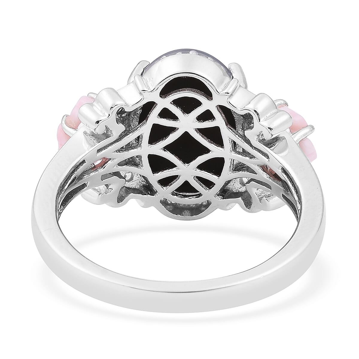 Jardin Collection Australian Boulder Opal (Ovl 14x10 mm), Pink Mother of Pearl and Natural White Cambodian Zircon Ring in Rhodium Overlay Sterling Silver