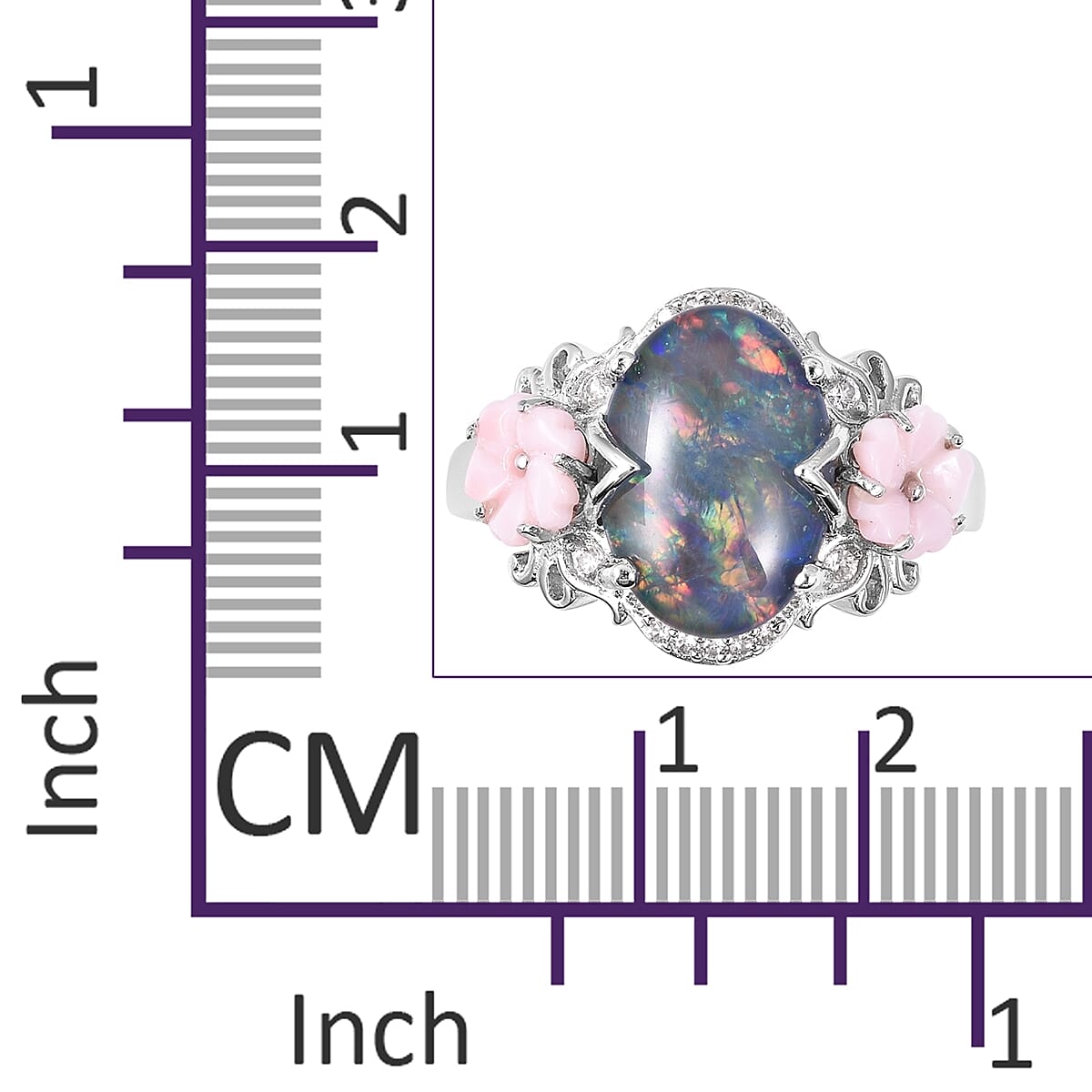 Jardin Collection Australian Boulder Opal (Ovl 14x10 mm), Pink Mother of Pearl and Natural White Cambodian Zircon Ring in Rhodium Overlay Sterling Silver