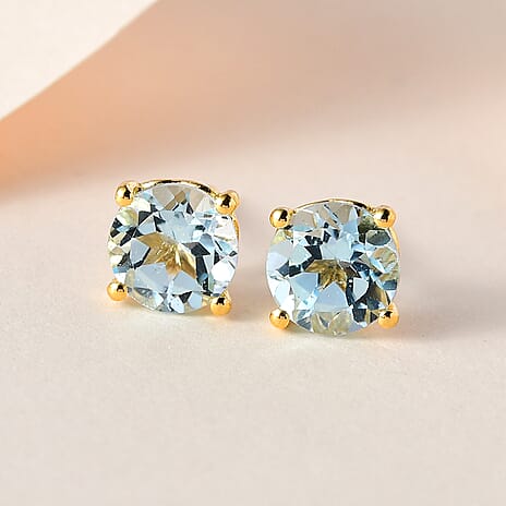 Sky Blue Topaz Stud Earrings in 18K Vermeil Yellow Gold Plated Sterling Silver 3.05 Ct.