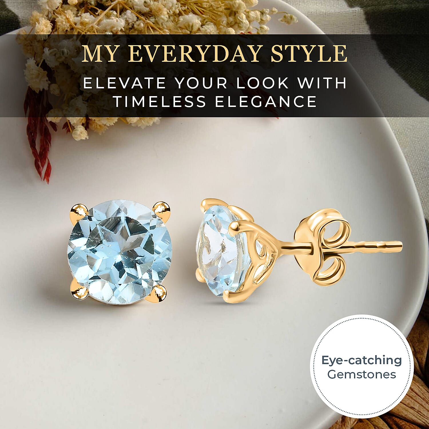 Sky Blue Topaz Stud Push Back Earrings in 18K Vermeil Yellow Gold Plated Sterling Silver 2.87 Ct.