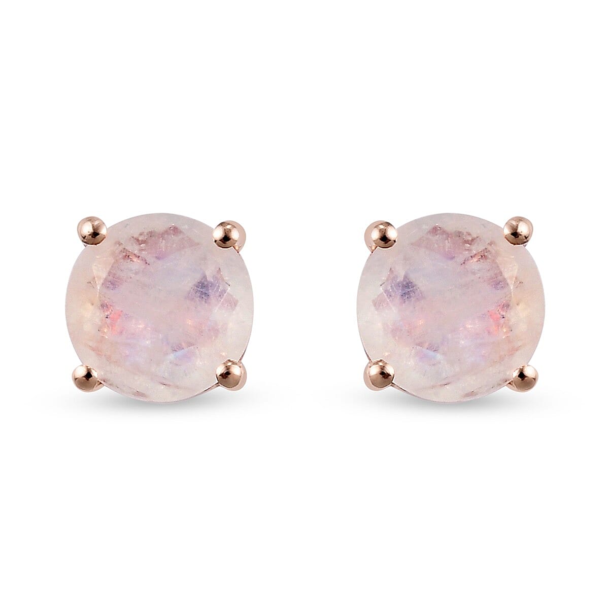 MP AA Rainbow Moonstone (Rnd) Stud Earrings (with Push Back) in Rose Gold Overlay Sterling Silver 2.46 Ct.