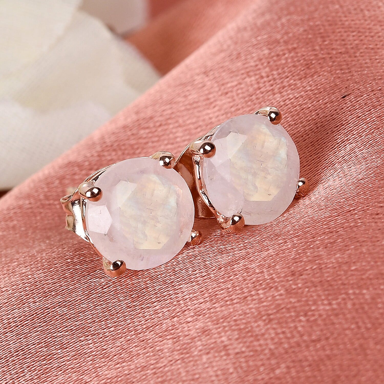 MP AA Rainbow Moonstone (Rnd) Stud Earrings (with Push Back) in Rose Gold Overlay Sterling Silver 2.46 Ct.
