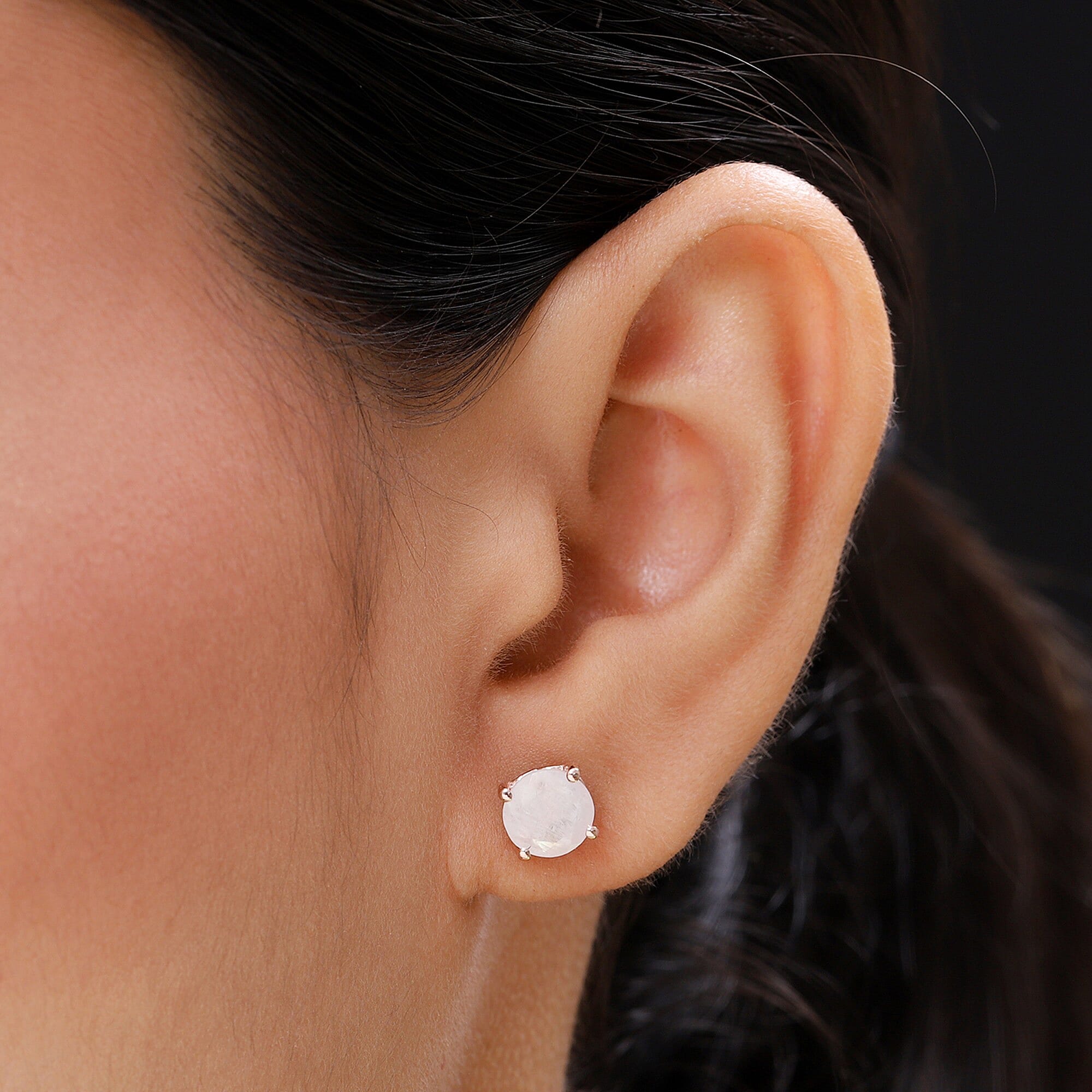 MP AA Rainbow Moonstone (Rnd) Stud Earrings (with Push Back) in Rose Gold Overlay Sterling Silver 2.46 Ct.