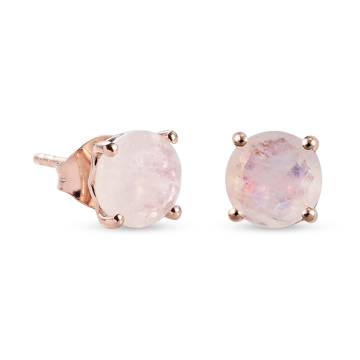 MP AA Rainbow Moonstone (Rnd) Stud Earrings (with Push Back) in Rose Gold Overlay Sterling Silver 2.46 Ct.