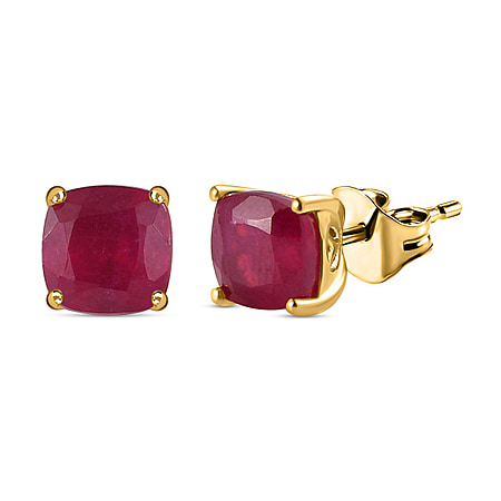 3.06 Ct African Ruby Solitaire Stud Earrings (Push Back) in Sterling Silver with 18K Vermeil Yellow Gold