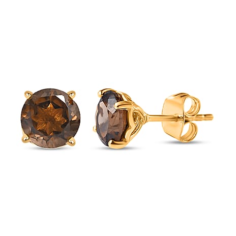 Brazilian Smoky Quartz (Rnd) Stud Earrings with Push Back in 18K Vermeil Yellow Gold Plated Sterling Silver 2.66 Ct.