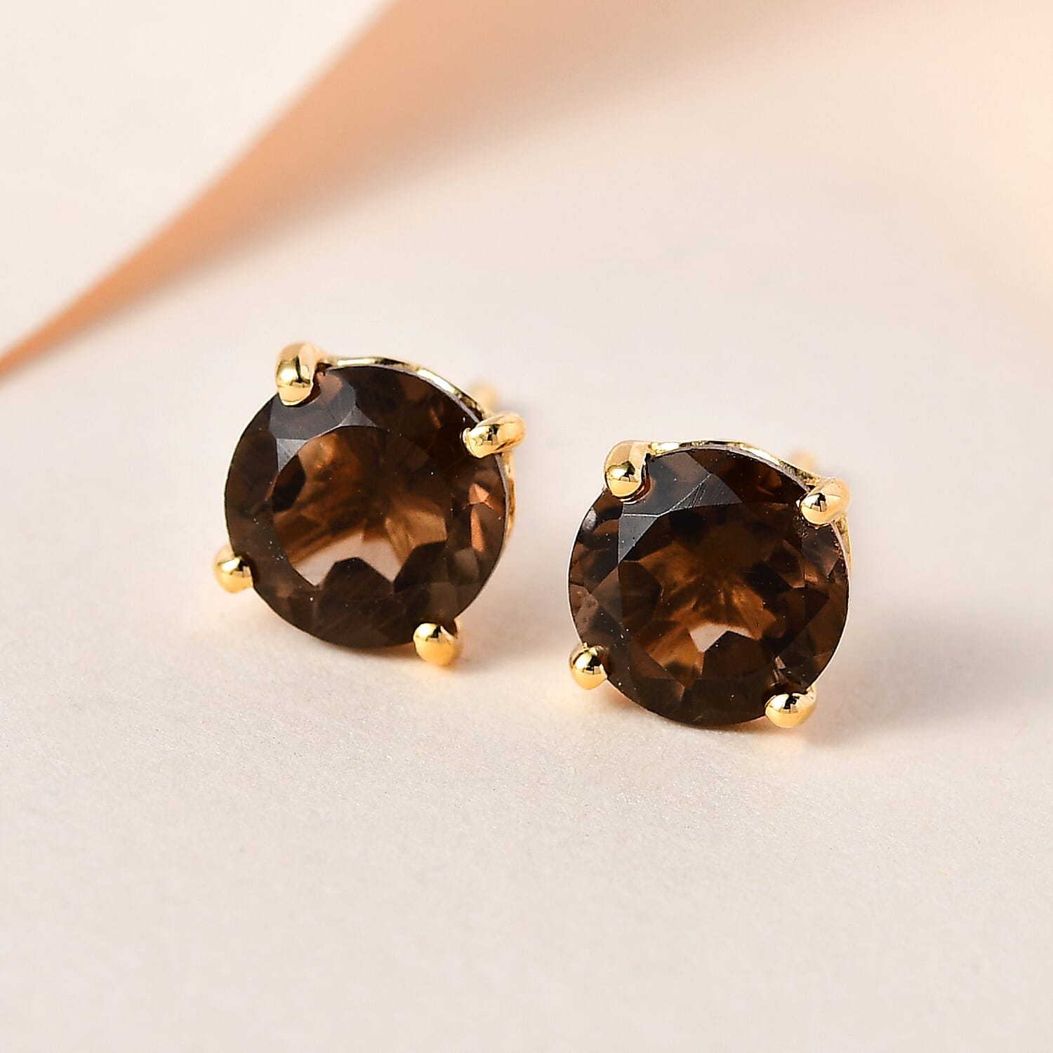Brazilian Smoky Quartz (Rnd) Stud Earrings with Push Back in 18K Vermeil Yellow Gold Plated Sterling Silver 2.66 Ct.