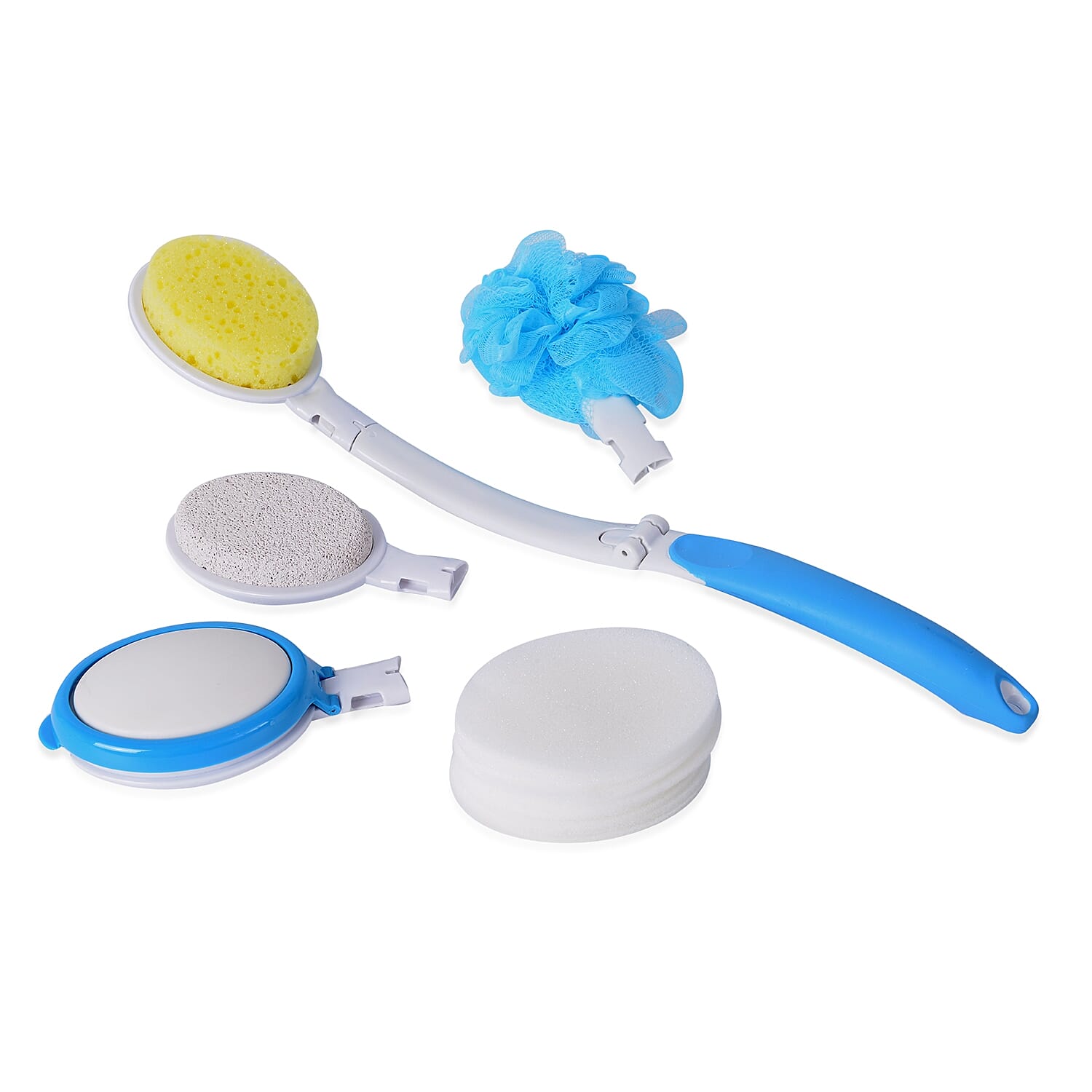 Foldable Ergonomically Designed Tool (Loofah Bush Head, Pumice Stone, Bath Spong Head, Lotion Applicator Head with 10 Lotion Pads)
