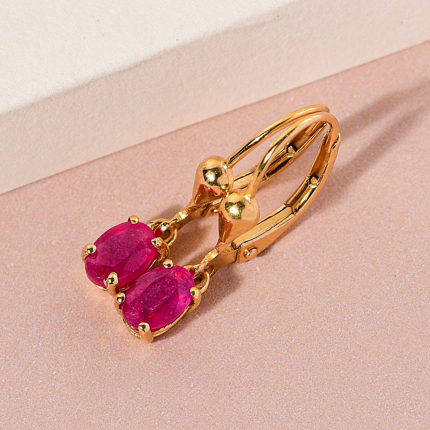African Ruby (FF) Lever Back Earrings in 18K Vermeil Yellow Gold Plated Sterling Silver 2.00 Ct.