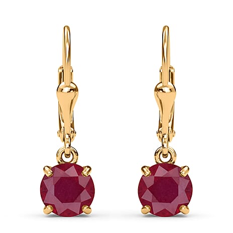D'Joy - African Ruby Solitaire Stud Earrings with Lever Back in 18K Vermeil Yellow Gold Plated Sterling Silver 3.90 Ct.