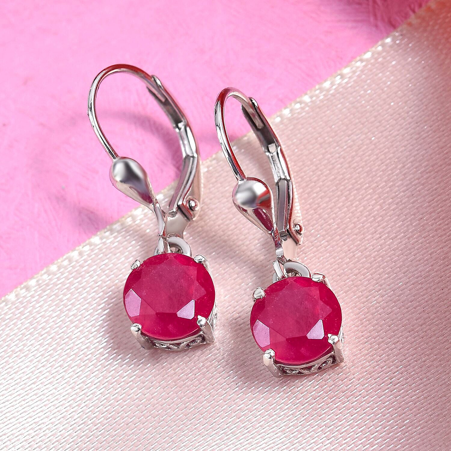 African Ruby (FF) Lever Back Earrings in Platinum Overlay Sterling Silver 3.96 Ct.
