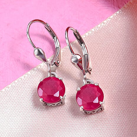 African Ruby (FF) Lever Back Earrings in Platinum Overlay Sterling Silver 3.96 Ct.