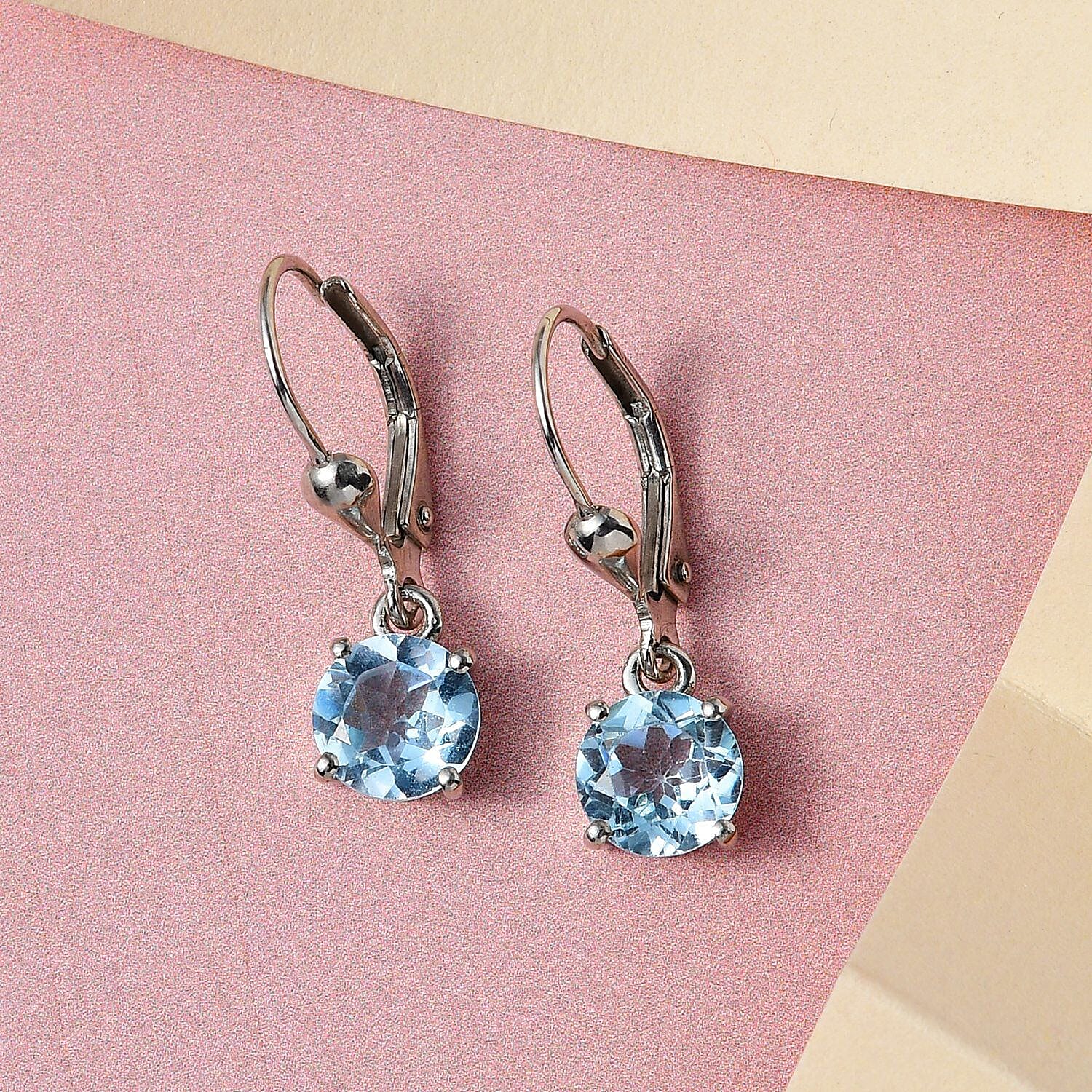 D'Joy Sky Blue Topaz Lever Back Earrings in Platinum Overlay Sterling Silver 2.92 Ct.