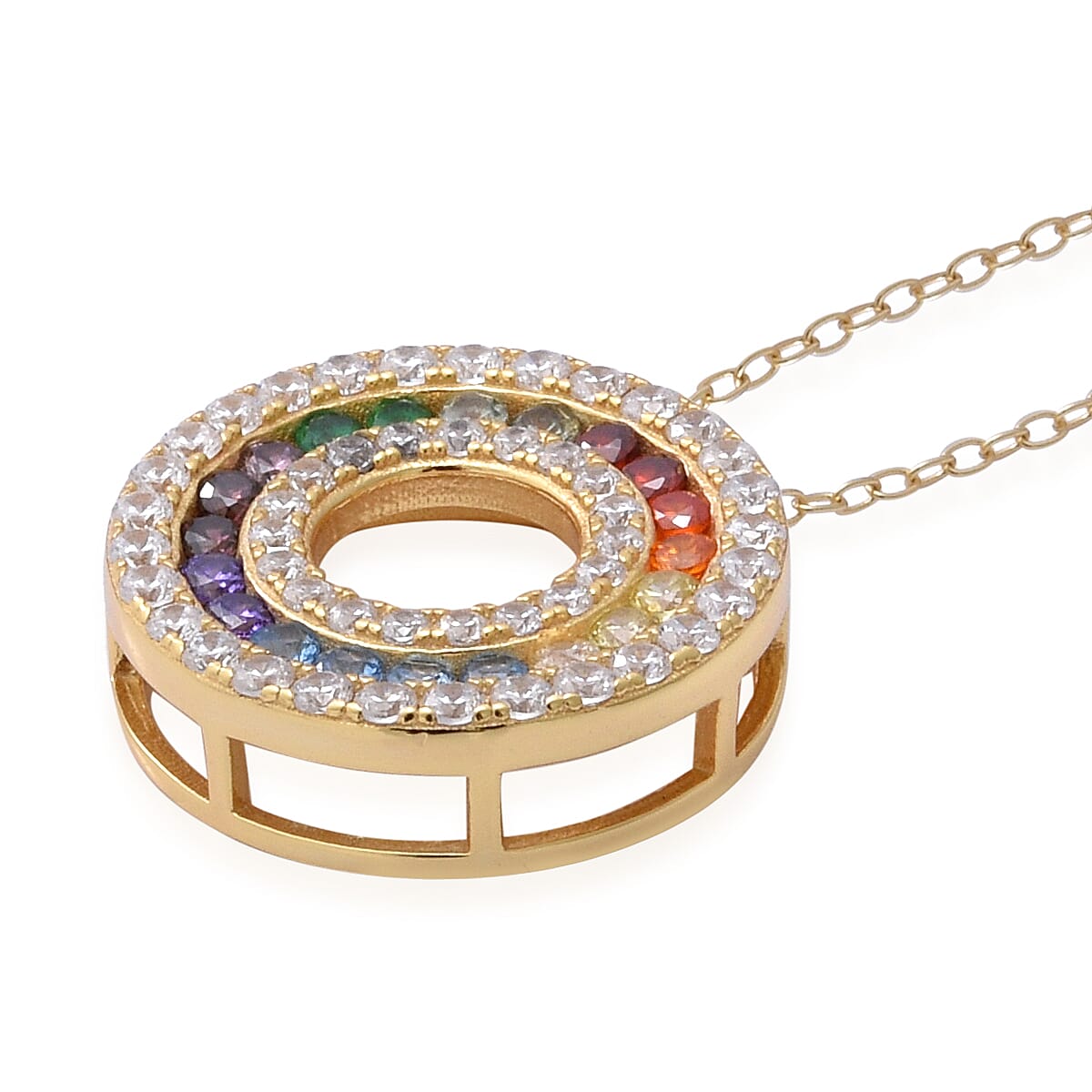 ELANZA Simulated Rainbow Sapphire (Rnd), Circle Pendant with Chain (Size 18) in Yellow Gold Overlay Sterling Silver