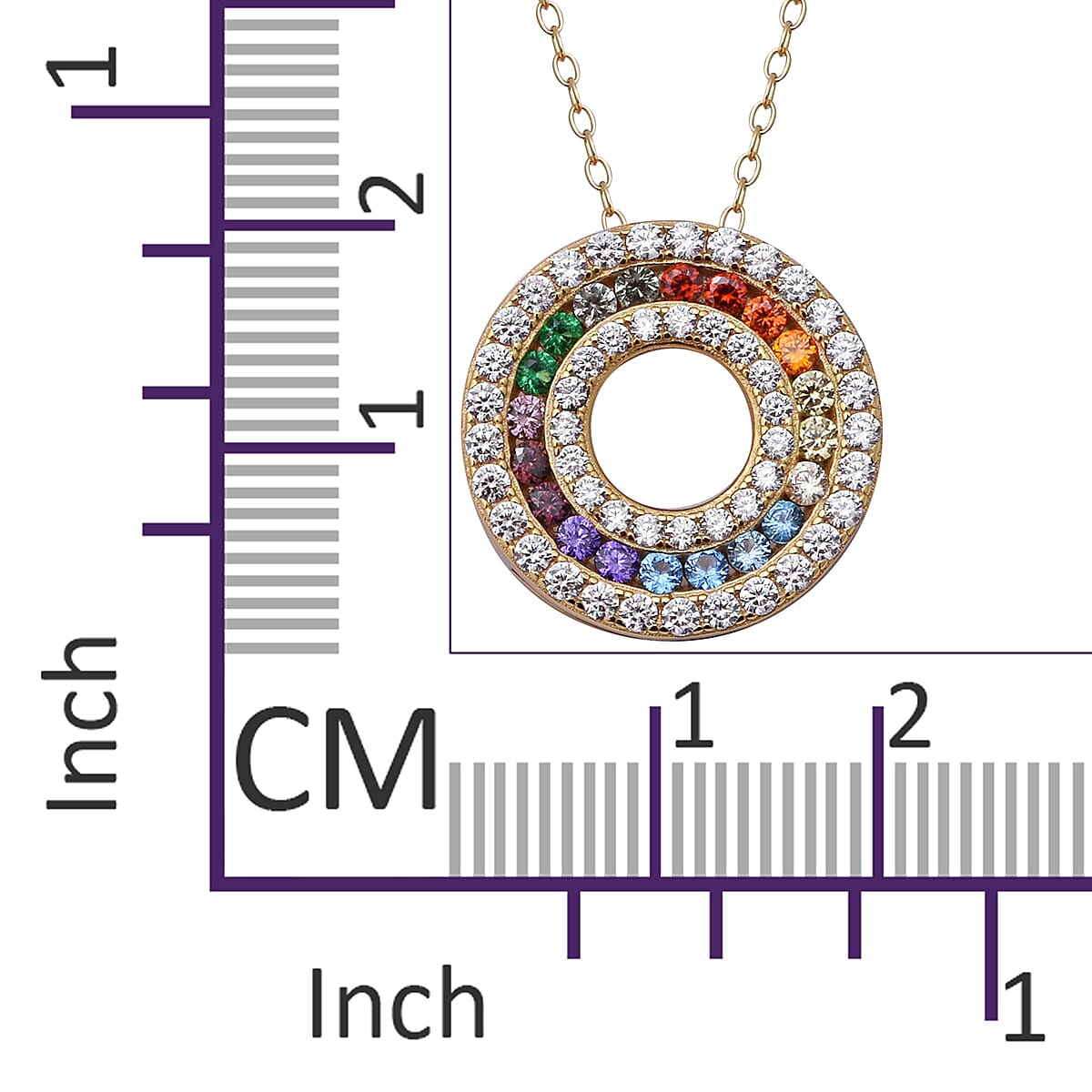 ELANZA Simulated Rainbow Sapphire (Rnd), Circle Pendant with Chain (Size 18) in Yellow Gold Overlay Sterling Silver