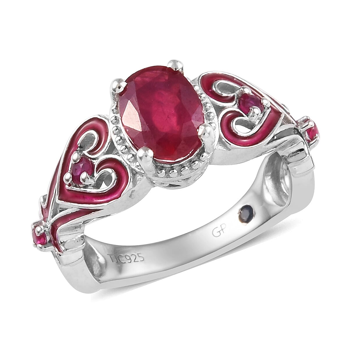 GP - African Ruby, Burmese Ruby & Blue Sapphire Heart Ring in Platinum Overlay Sterling Silver 1.94 Ct.