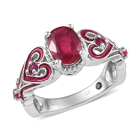GP - African Ruby, Burmese Ruby & Blue Sapphire Heart Ring in Platinum Overlay Sterling Silver 1.94 Ct.