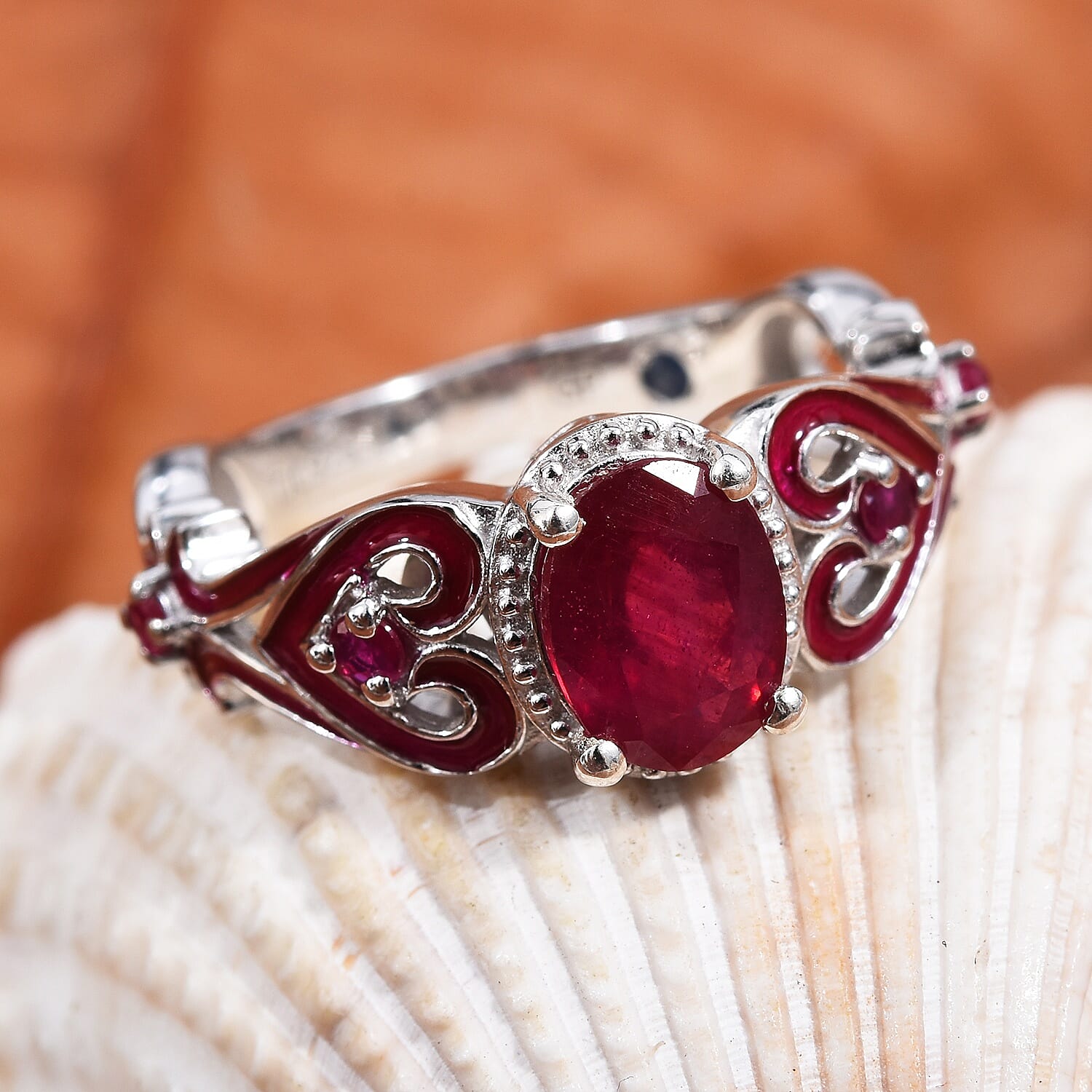GP - African Ruby, Burmese Ruby & Blue Sapphire Heart Ring in Platinum Overlay Sterling Silver 1.94 Ct.