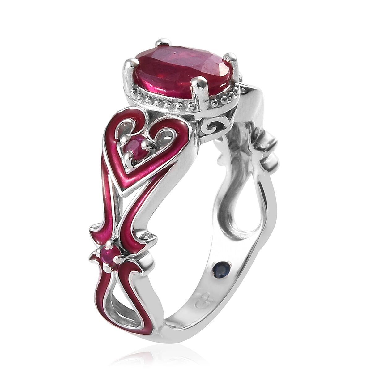GP - African Ruby, Burmese Ruby & Blue Sapphire Heart Ring in Platinum Overlay Sterling Silver 1.94 Ct.