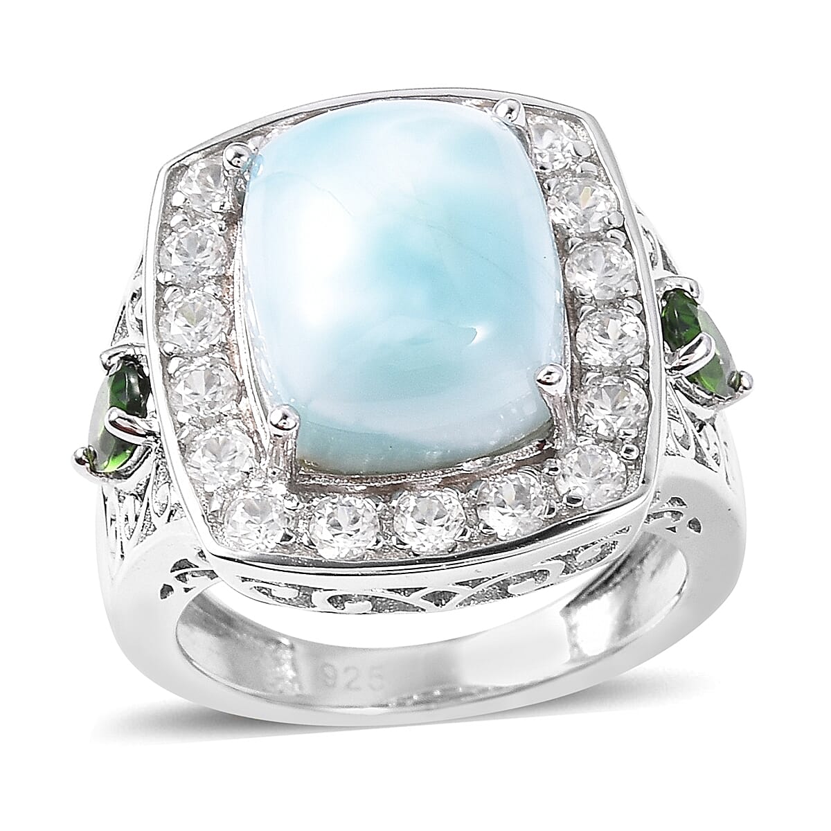 Larimar (Cush 12x10 mm), Natural White Cambodian Zircon and Chrome Diopside Ring in Rhodium Overlay Sterling Silver 9.000 Ct.