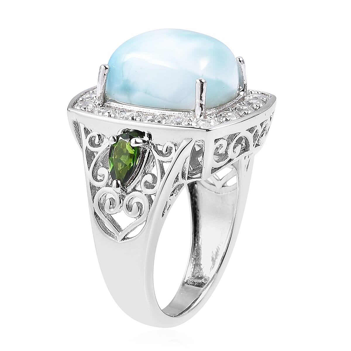 Larimar (Cush 12x10 mm), Natural White Cambodian Zircon and Chrome Diopside Ring in Rhodium Overlay Sterling Silver 9.000 Ct.