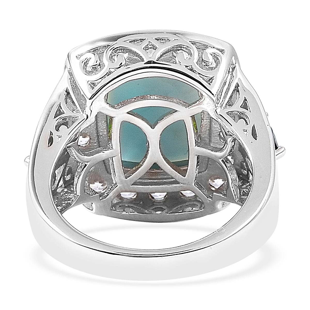 Larimar (Cush 12x10 mm), Natural White Cambodian Zircon and Chrome Diopside Ring in Rhodium Overlay Sterling Silver 9.000 Ct.
