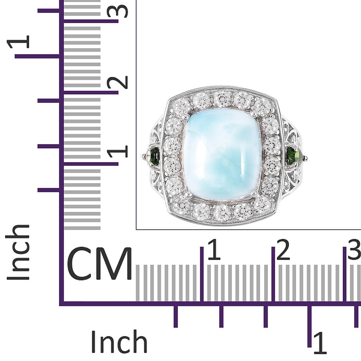 Larimar (Cush 12x10 mm), Natural White Cambodian Zircon and Chrome Diopside Ring in Rhodium Overlay Sterling Silver 9.000 Ct.