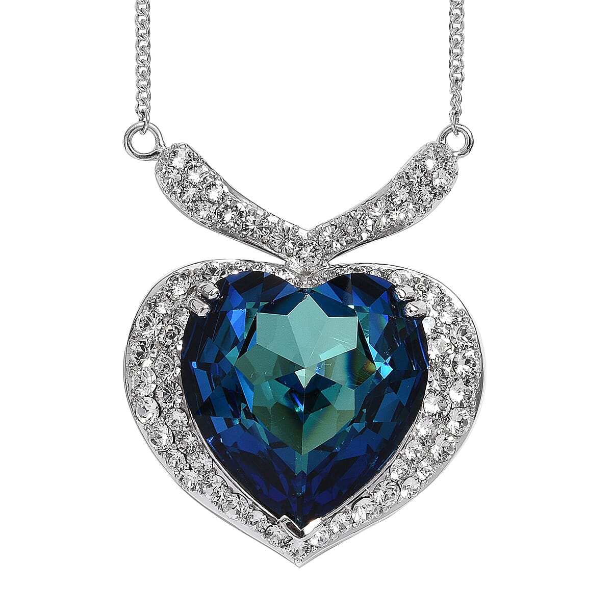 Lustro Stella -  Bermuda Blue Crystal (Hrt), White Crystal Heart Necklace (Size 18 with 2 inch Extender) in Platinum Overlay Sterling Silver, Silver wt 18.22 Gms