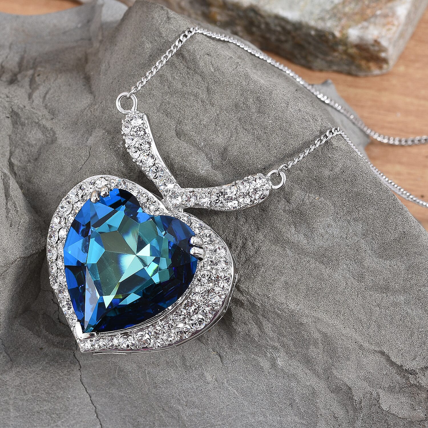 Lustro Stella -  Bermuda Blue Crystal (Hrt), White Crystal Heart Necklace (Size 18 with 2 inch Extender) in Platinum Overlay Sterling Silver, Silver wt 18.22 Gms