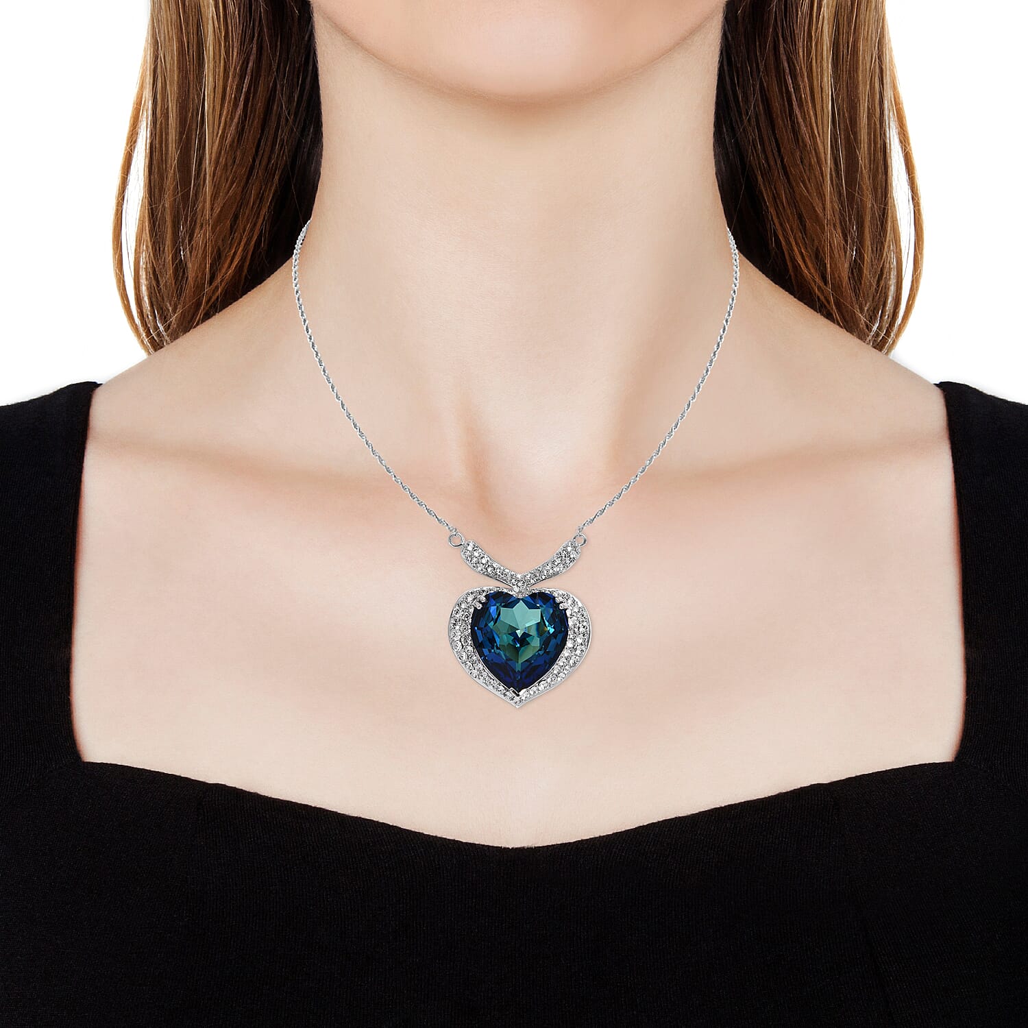 Lustro Stella -  Bermuda Blue Crystal (Hrt), White Crystal Heart Necklace (Size 18 with 2 inch Extender) in Platinum Overlay Sterling Silver, Silver wt 18.22 Gms