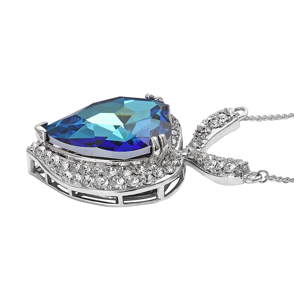 Lustro Stella -  Bermuda Blue Crystal (Hrt), White Crystal Heart Necklace (Size 18 with 2 inch Extender) in Platinum Overlay Sterling Silver, Silver wt 18.22 Gms