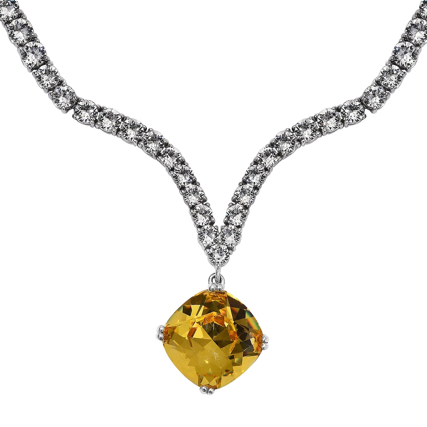 J Francis -   Canary  Colour Crystal (Cush), White Crystal Necklace (Size 18) in Platinum Overlay Sterling Silver, Silver wt 31.74 Gms